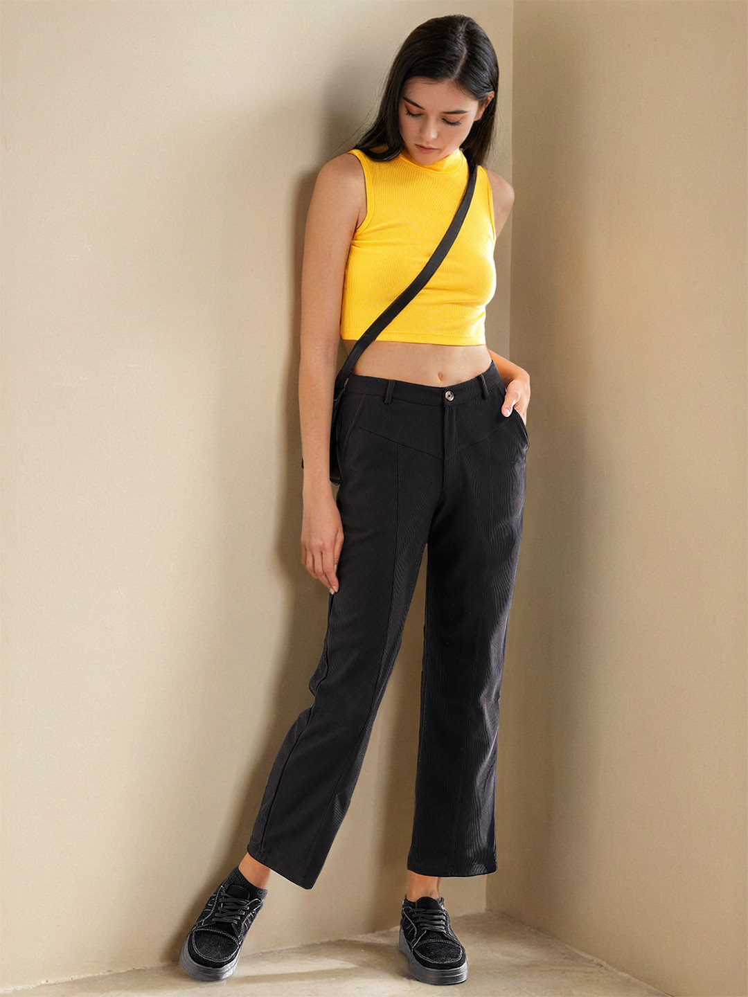 Freehand by The Indian Garage Co Yellow High Neck Sleeveless Fitted Crop Top