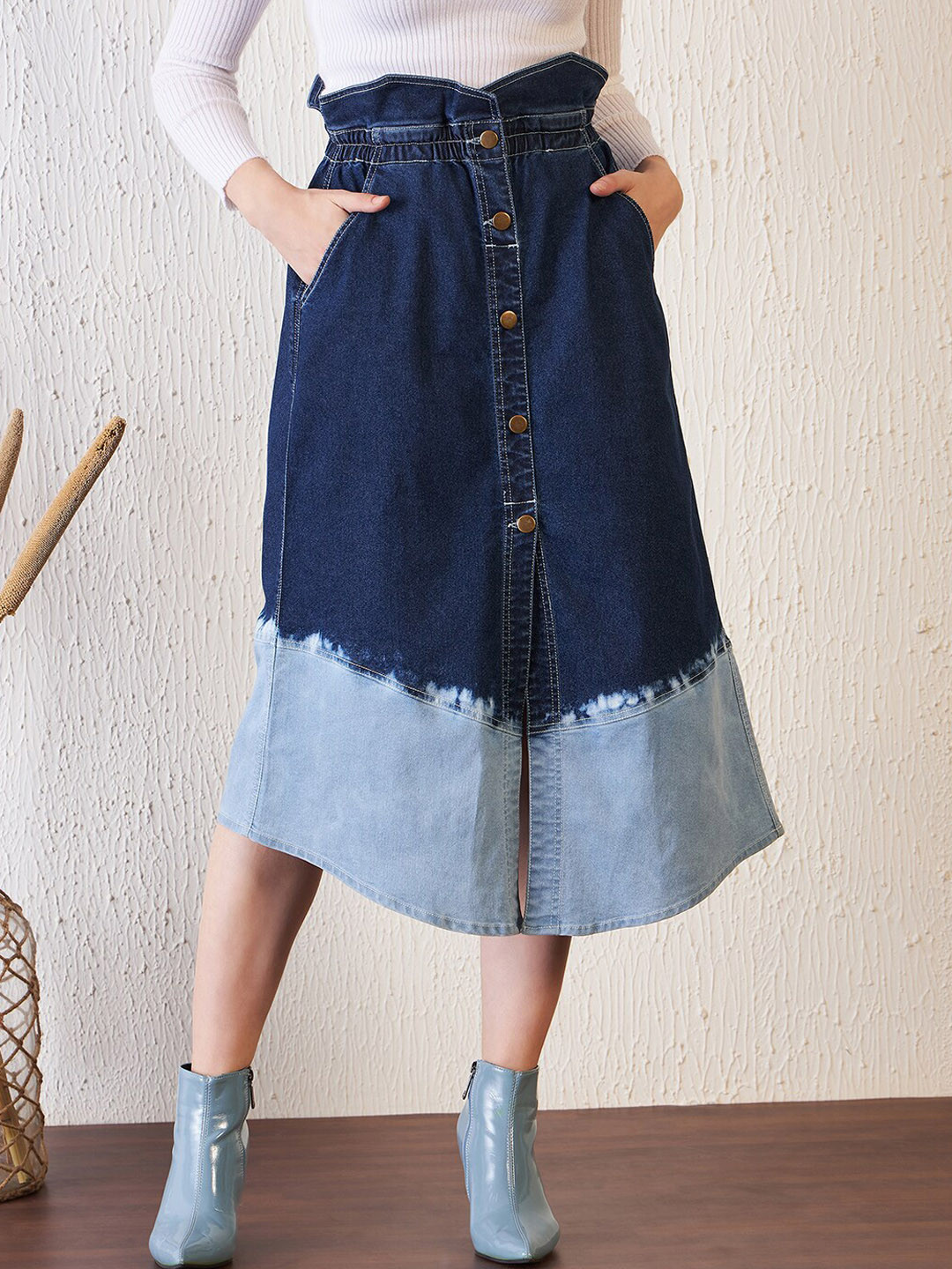 Antheaa Blue Colorblocked A-Line Midi Denim Skirt