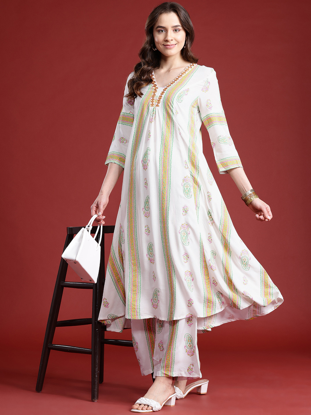 Anouk Paisley Print Thread Work Kurta with Palazzos