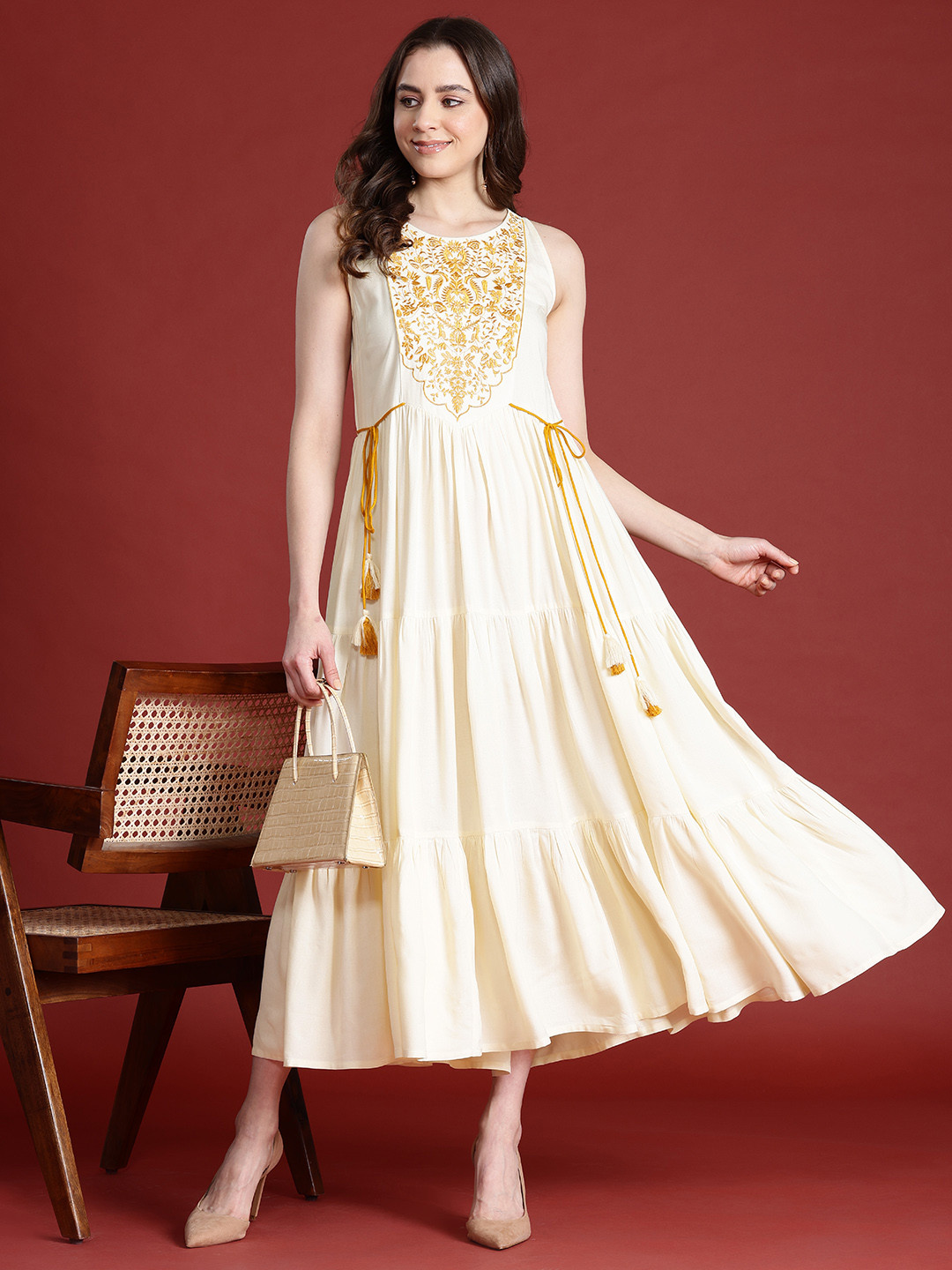 Anouk Kaarkhana Collection Embroidered Tiered Midi Fit & Flare Dress