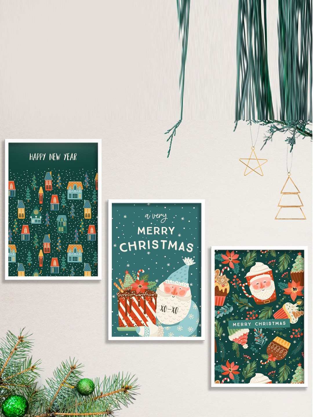 SAF Christmas & New year Wood 3 Piece Wall Rectangle Paintings Wall Art - 13.5 x 10.5 In