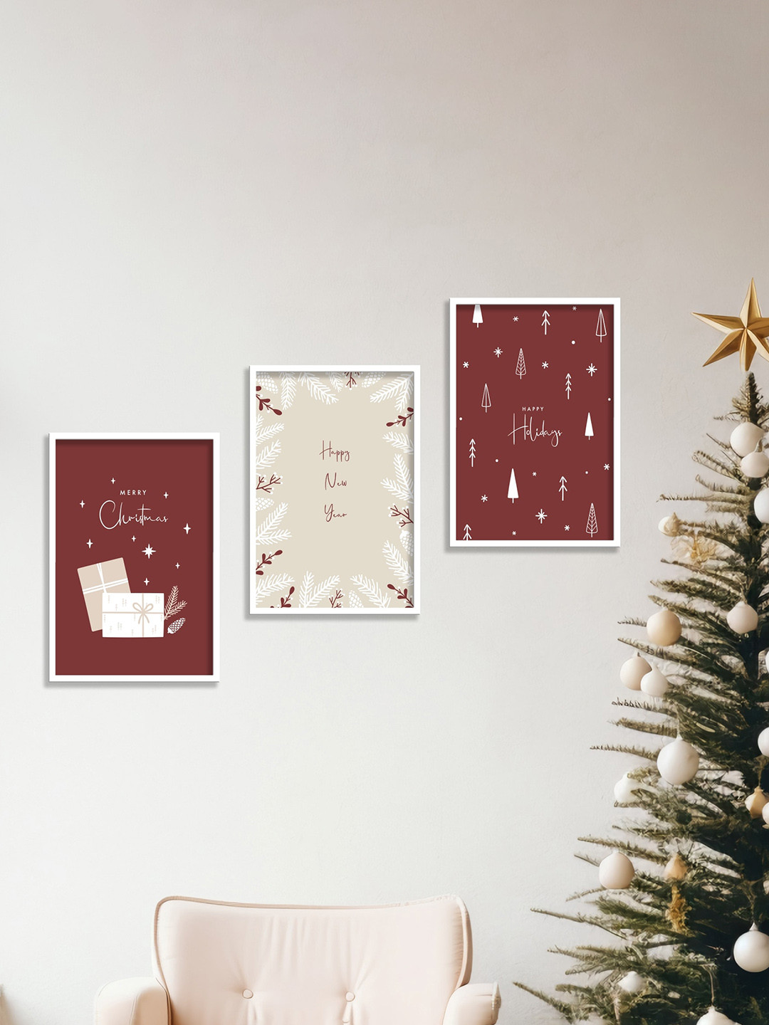 SAF Maroon & Beige 3 Pieces Christmas & New Year MDF Wooden Paintings Wall Art
