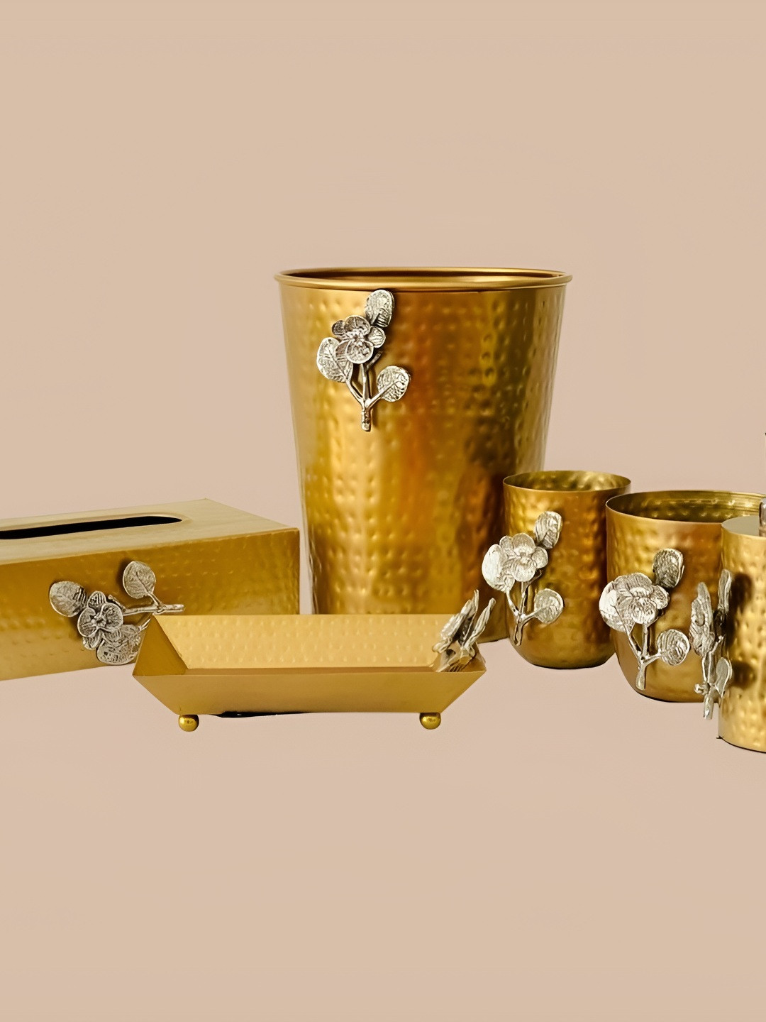 CasaGold Gold Toned 6 Pieces Metal Textured Bath Accessories Set