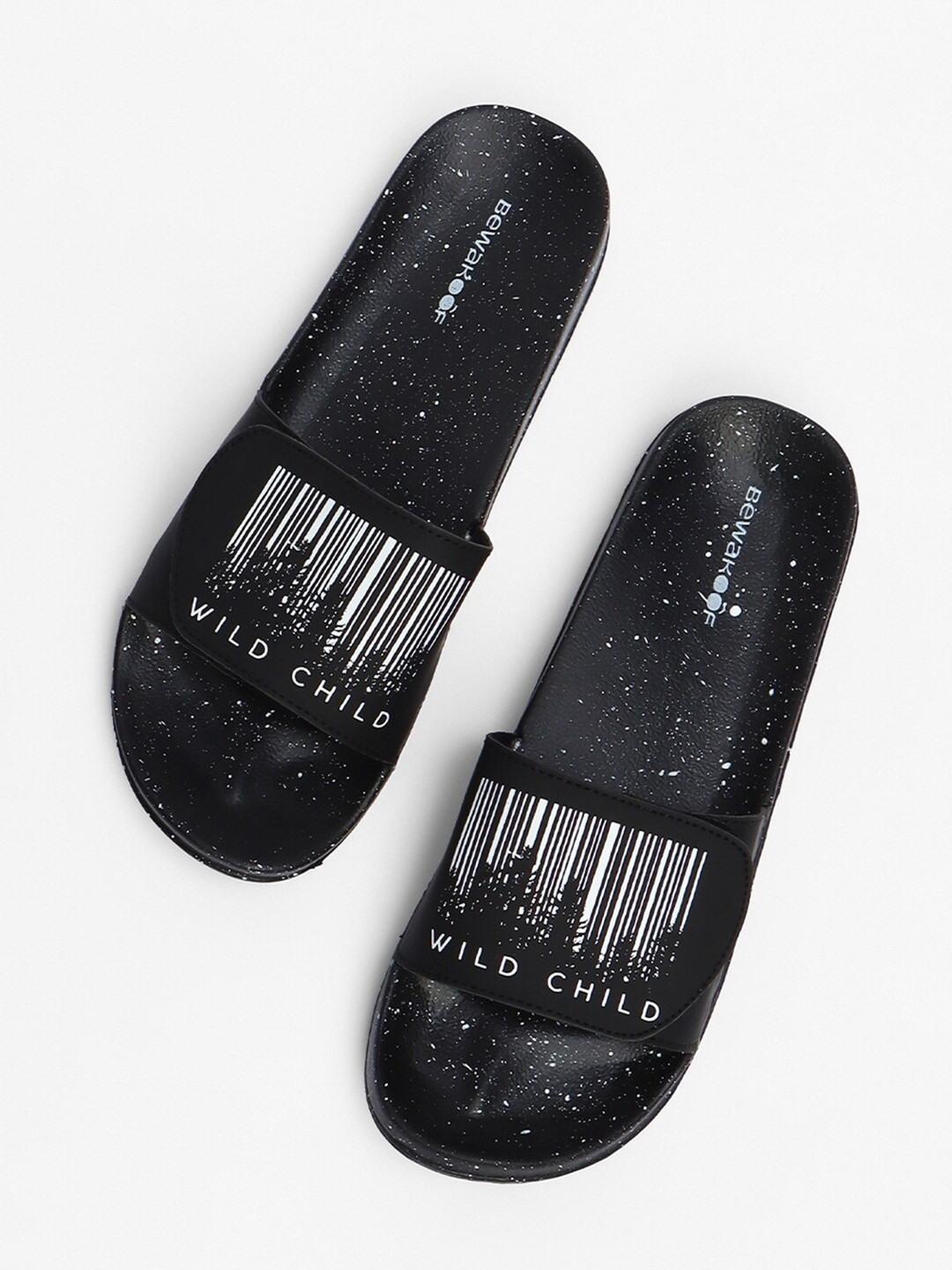 Bewakoof Men Black & White Wild Child Printed Sliders