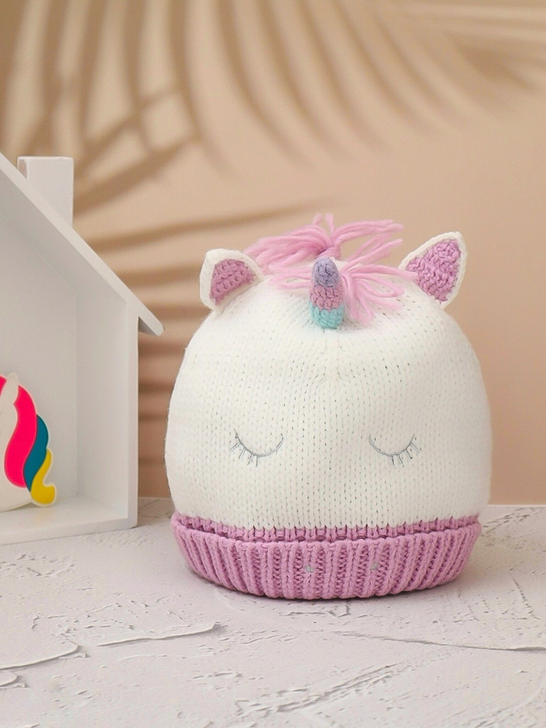 Yellow Bee Girls Self Design Woollen Unicorn Beanie