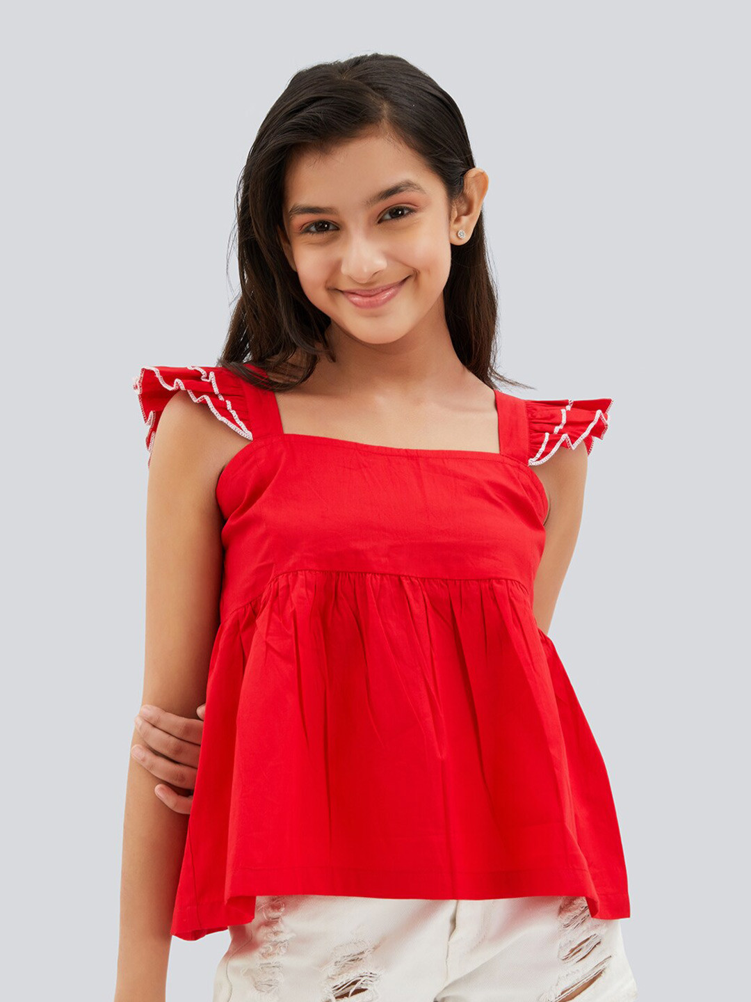 Olele Takila Square Neck Flutter Sleeves Cotton Peplum Top