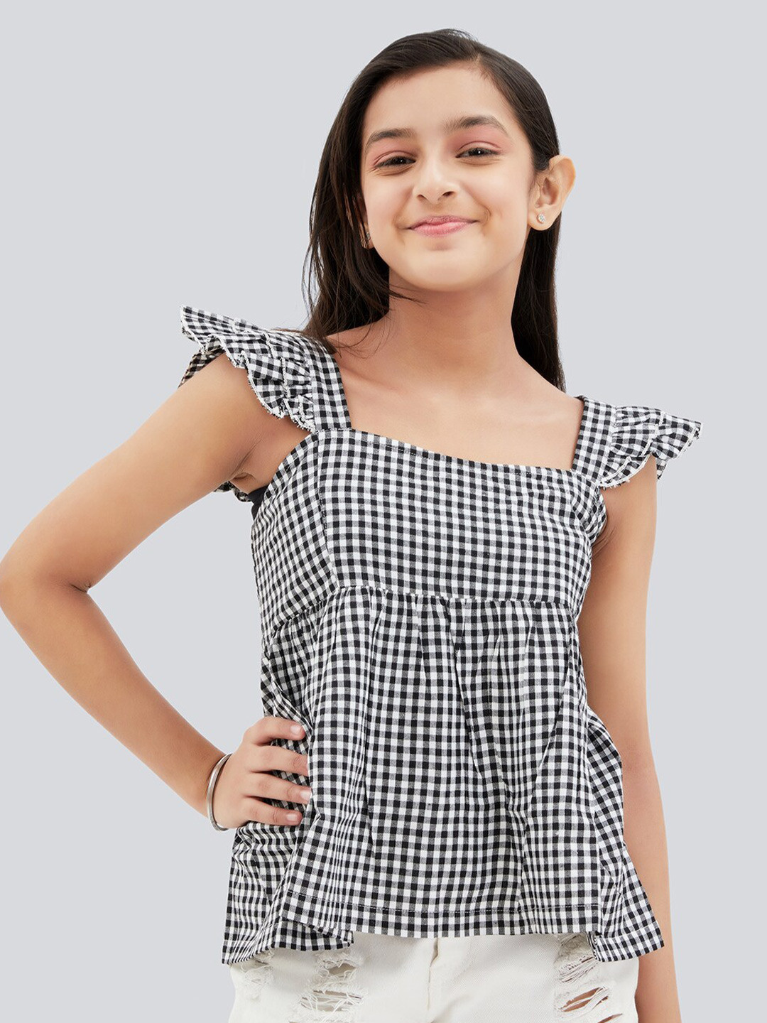Olele Takila Checked Square Neck Flutter Sleeves Cotton Peplum Top