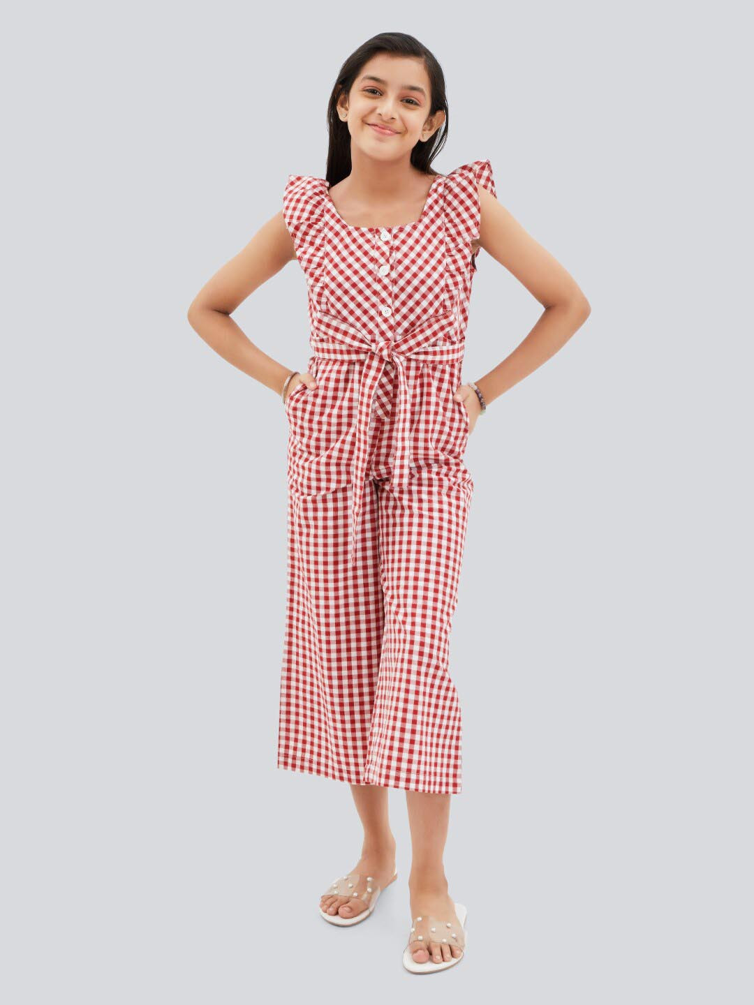 Olele Girls June Checked Waist Tie-Ups Cotton Basic Jumpsuit
