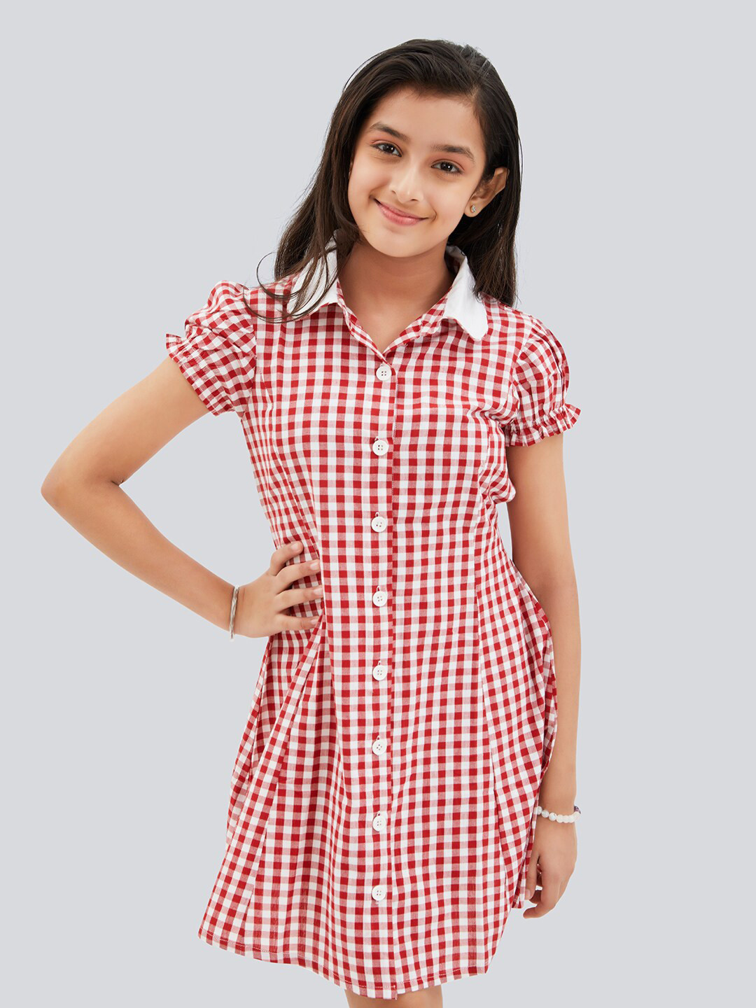 Olele Bombay Gingham Checked Puff Sleeves Cotton Shirt Dress