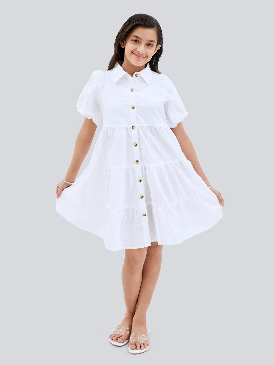 Olele Lucy Puff Sleeves Layered Cotton Shirt Dress