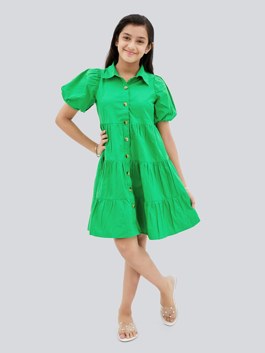 Olele Lucy Puff Sleeves Layered Cotton Shirt Dress