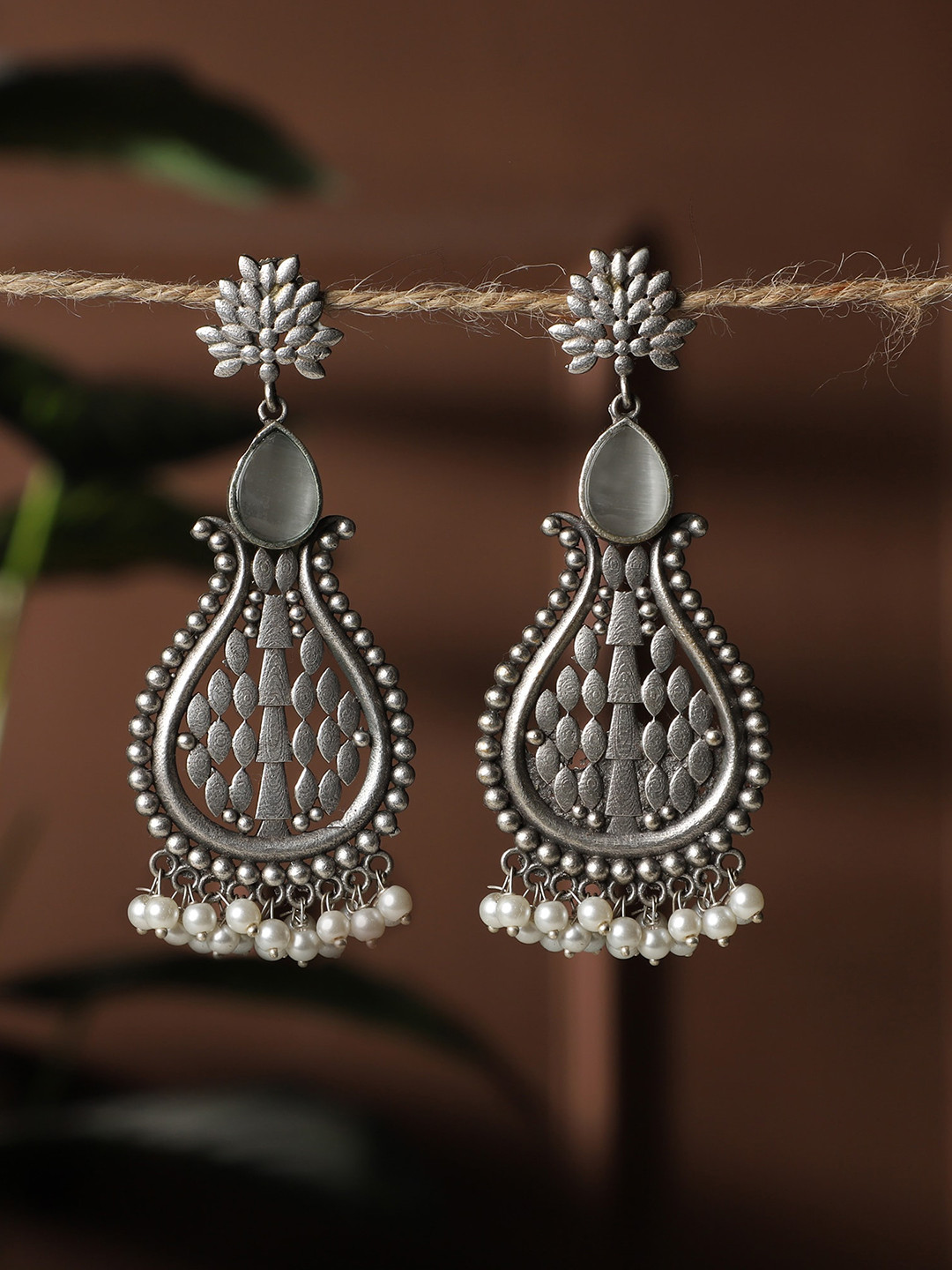 PATOLA BY VJ Silver-Plated Contemporary Drop Earrings
