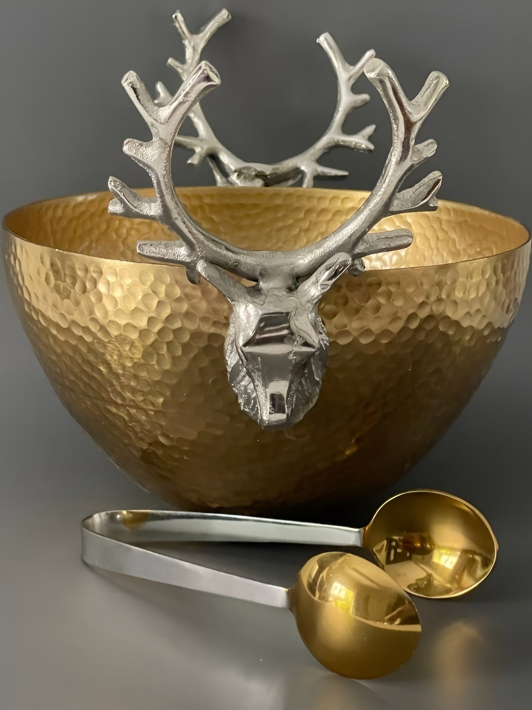 CasaGold Brass Stag Head Serving Bowl & Tongs
