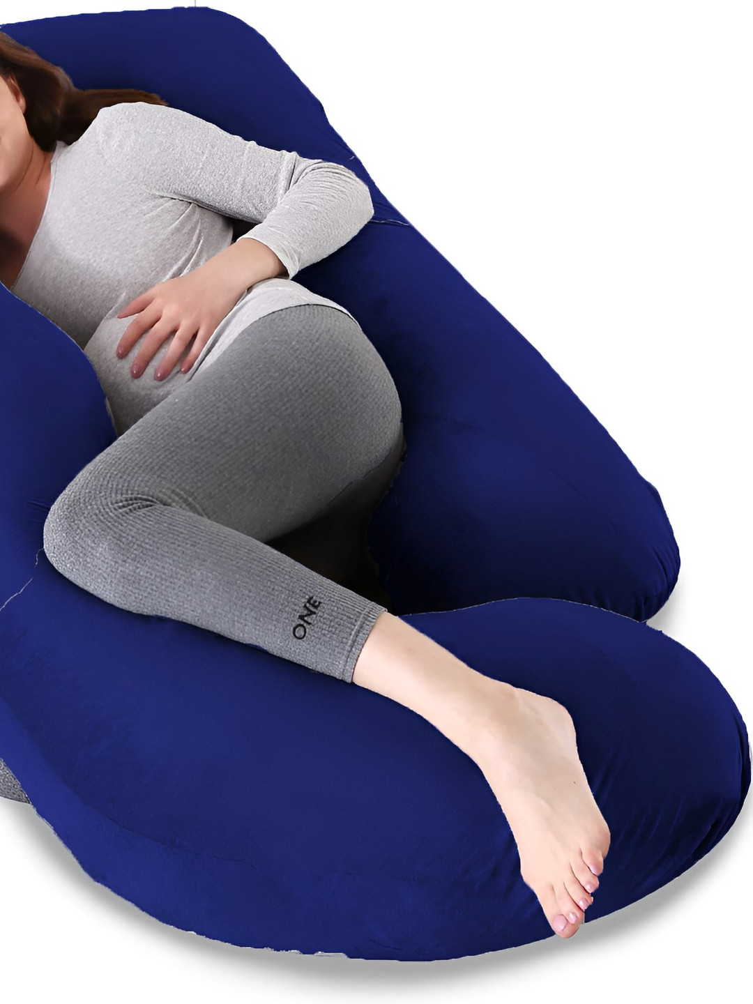 Mom's Moon Navy Blue Solid Faux Velvet Breathable Firm Fibre Maternity Pillow-190 x 50 x 350 cm