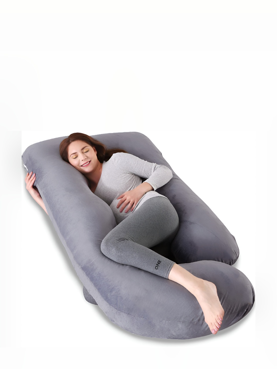 Mom's Moon Grey Solid Faux Velvet Breathable Firm Fibre Maternity Pillow-76.2 x 140 x 25 cm