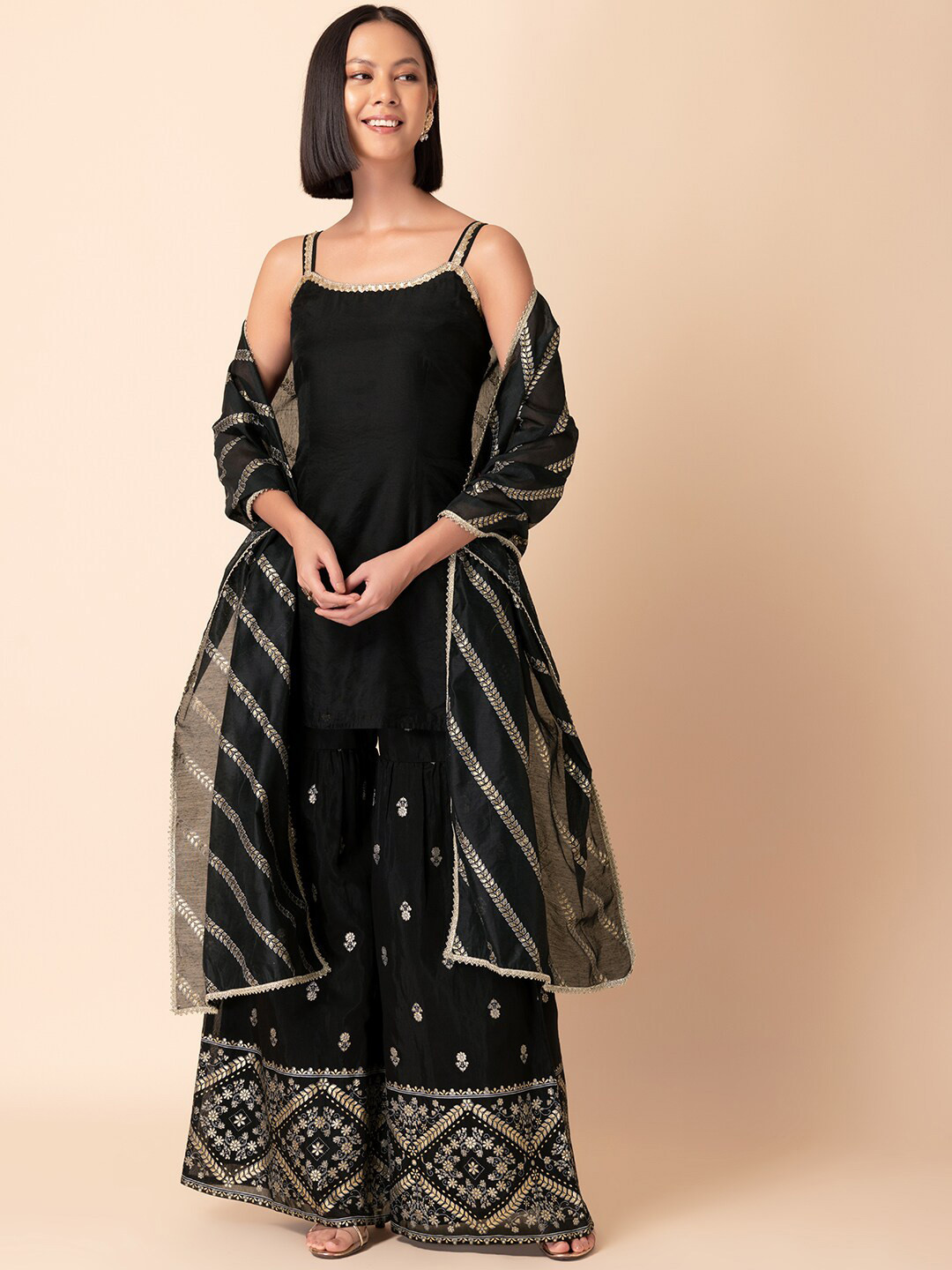 INDYA Sequinned Detailed Straight Kurta & Sharara With Dupatta