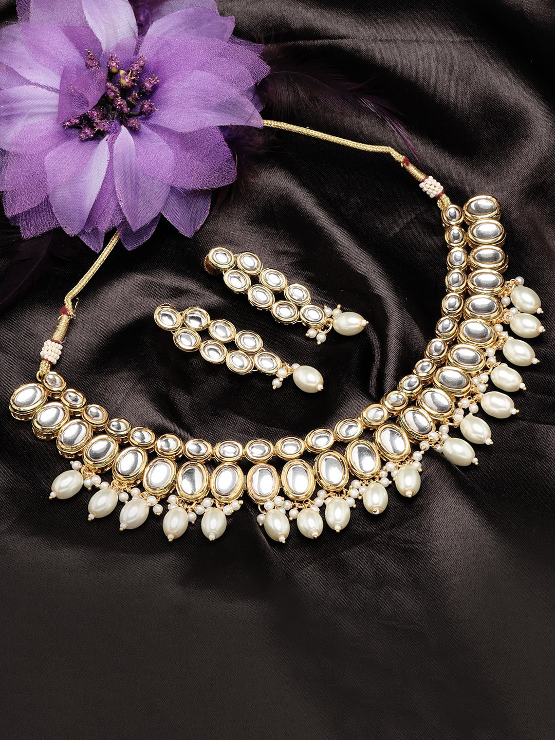ADIVA Gold-Plated Kundan Studded Necklace With Earrings