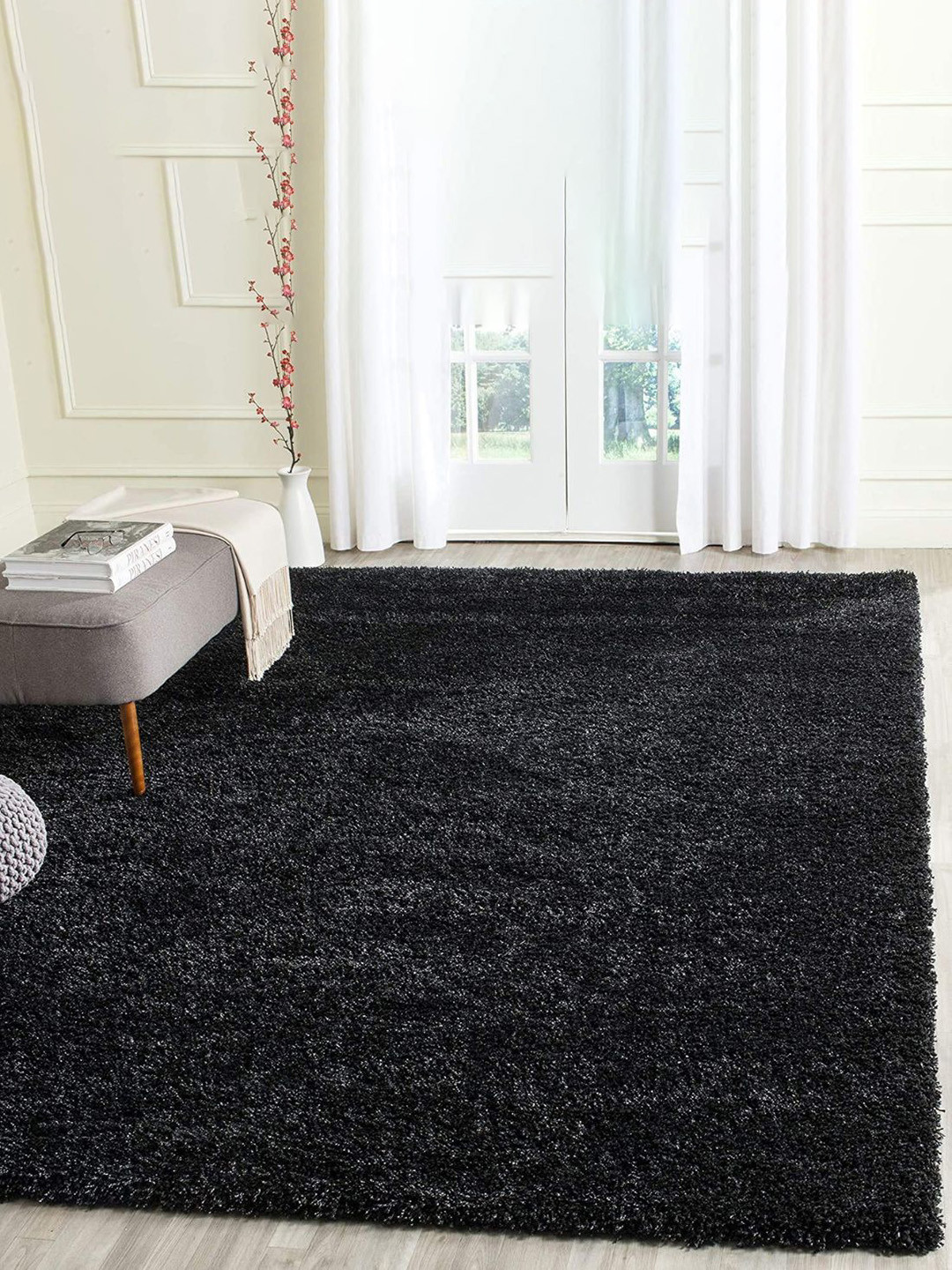 Shopgallery Black Solid Rectangular Anti-Skid Shaggy Carpet
