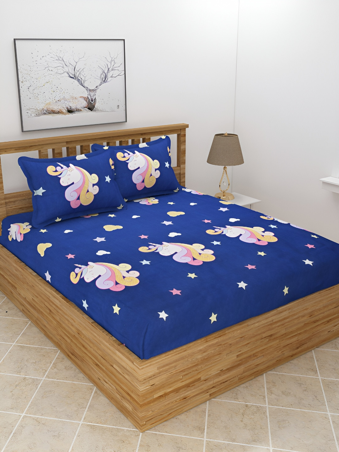BREVARD Banarasi Blue Conversational Polycotton 210 TC Queen Fine Bedsheet with 2 Pillow Covers-100 x 90 inches