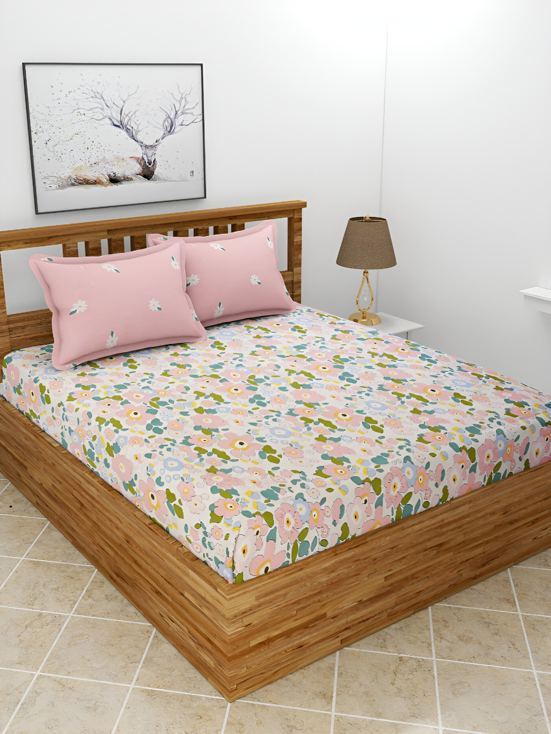 BREVARD Flat_Saffron_Dbs Pink Floral Polycotton 210 TC Super King Fine Bedsheet with 2 Pillow Covers-108 x 108 inches