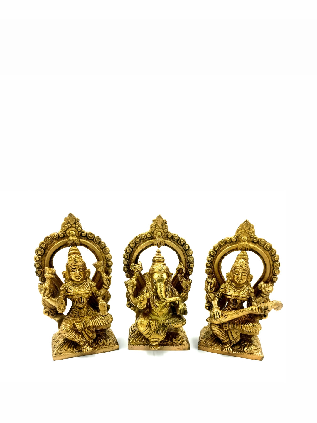 Arihant Craft Gold Brass Metallic Prayer Room Set of 3 Small Showpieces - 6 Inches