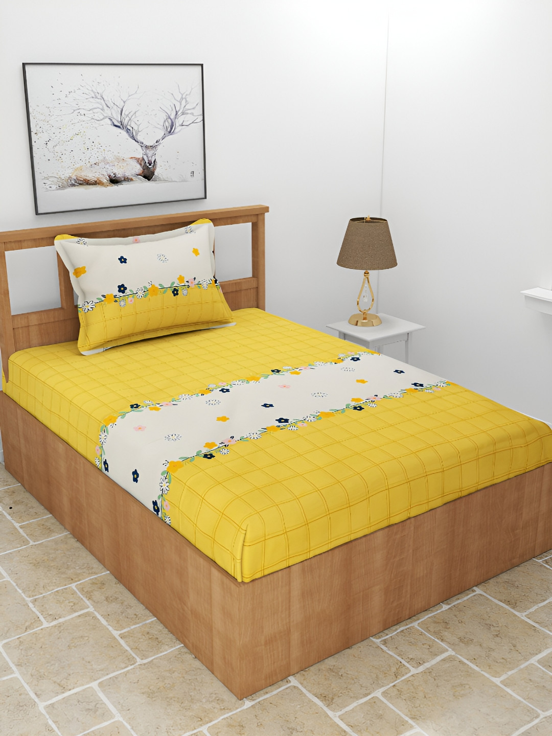 BREVARD Yellow Conversational Polycotton 210 TC Single Fine Bedsheet with a Pillow Cover-72 x 36 inches