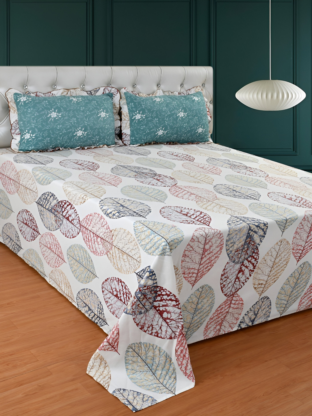 BREVARD Safrn Teal Floral Polycotton 210 TC Super King Fine Bedsheet with 2 Pillow Covers-108 x 108 inches