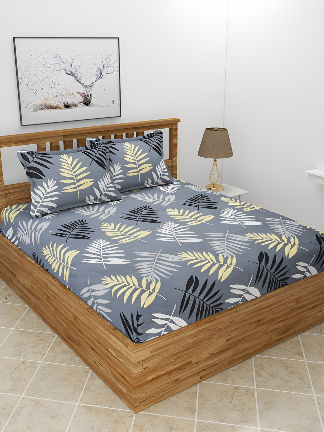 BREVARD Grey Melange Leaf Polycotton 210 TC Queen Superfine Bedsheet with 2 Pillow Covers-100 x 90 inches