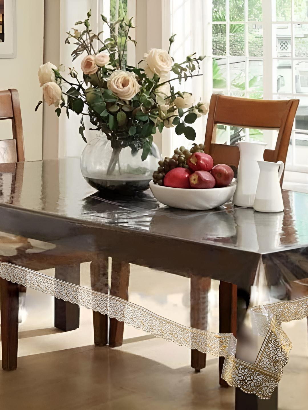 CASA-NEST Transparent & Gold Toned PVC 6-Seater Table Cover