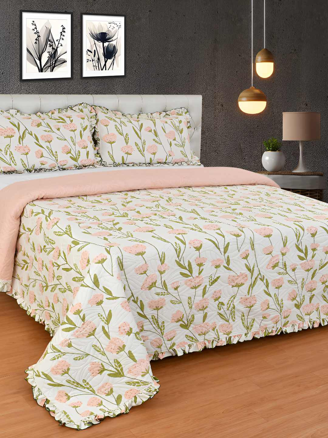 BREVARD White & Peach Floral Printed Queen Size Bed Cover with 2 Pillow Covers