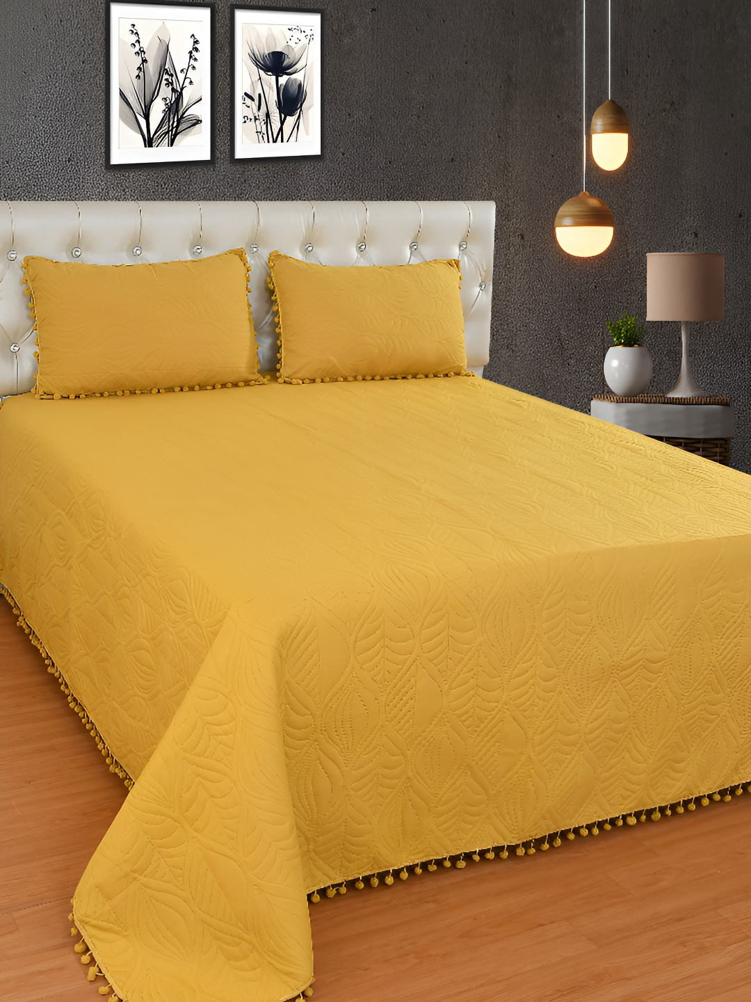BREVARD Mustard Yellow Self Designed Queen Size Bed Cover with 2 Pillow Covers