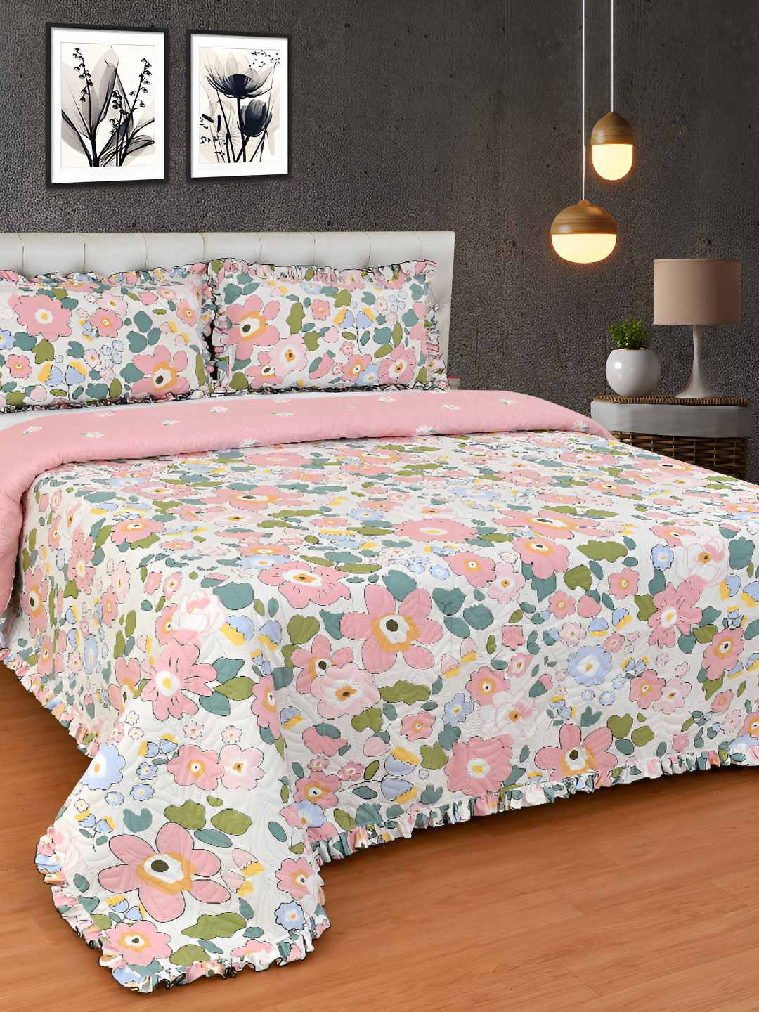 BREVARD White & Pink Floral Printed Queen Size Bed Cover with 2 Pillow Covers