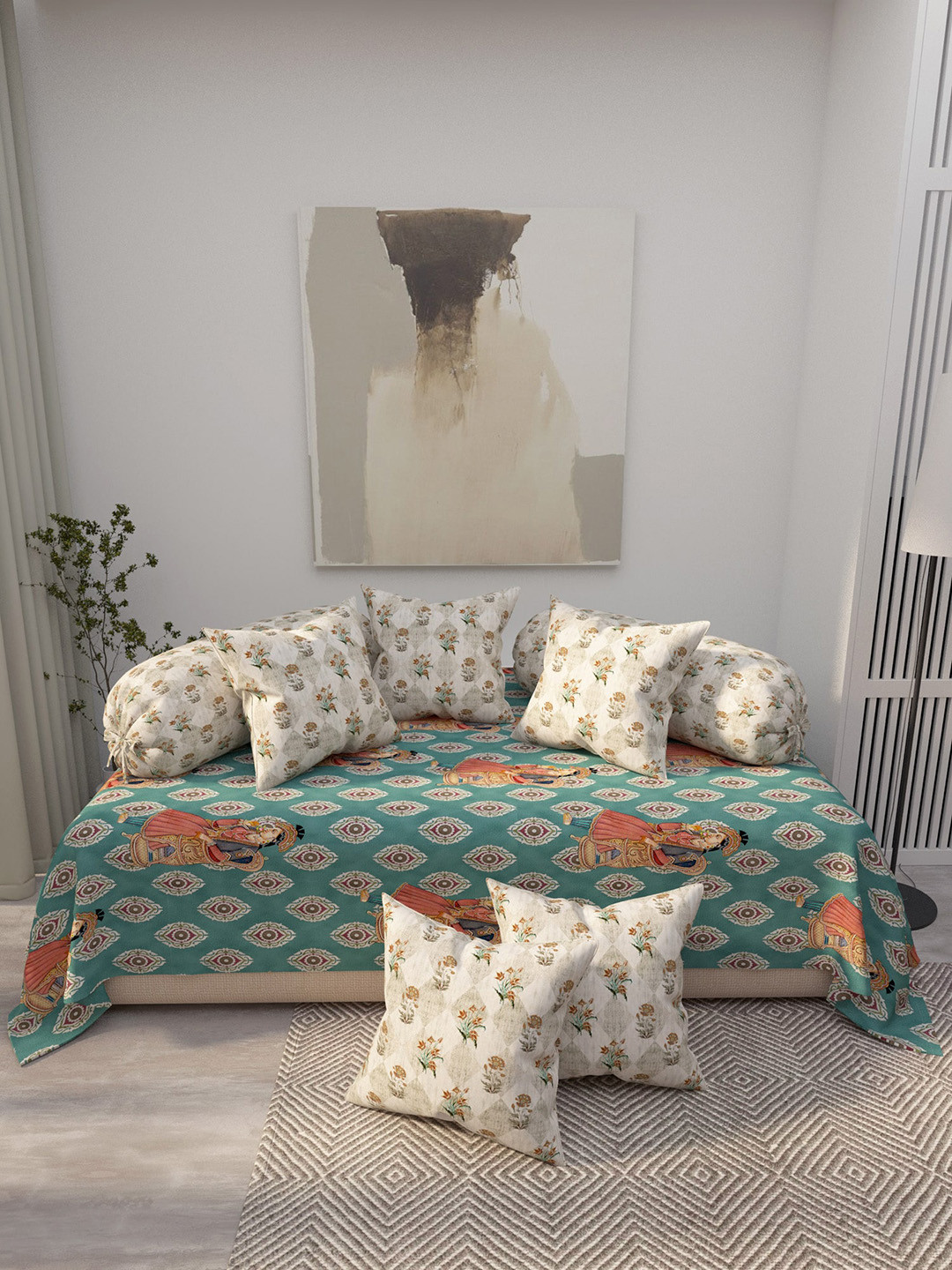 EverHOME 8 Pcs Teal-Green Printed Cotton Diwan Set