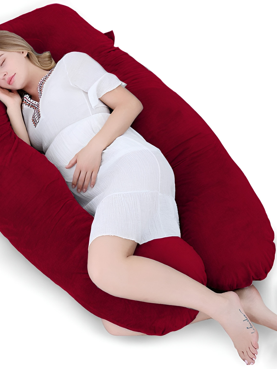 DADDY COOL Maroon Solid Faux Velvet Breathable Firm Fibre Maternity Pillow-25.4 x 76.2 x 139.8 cm