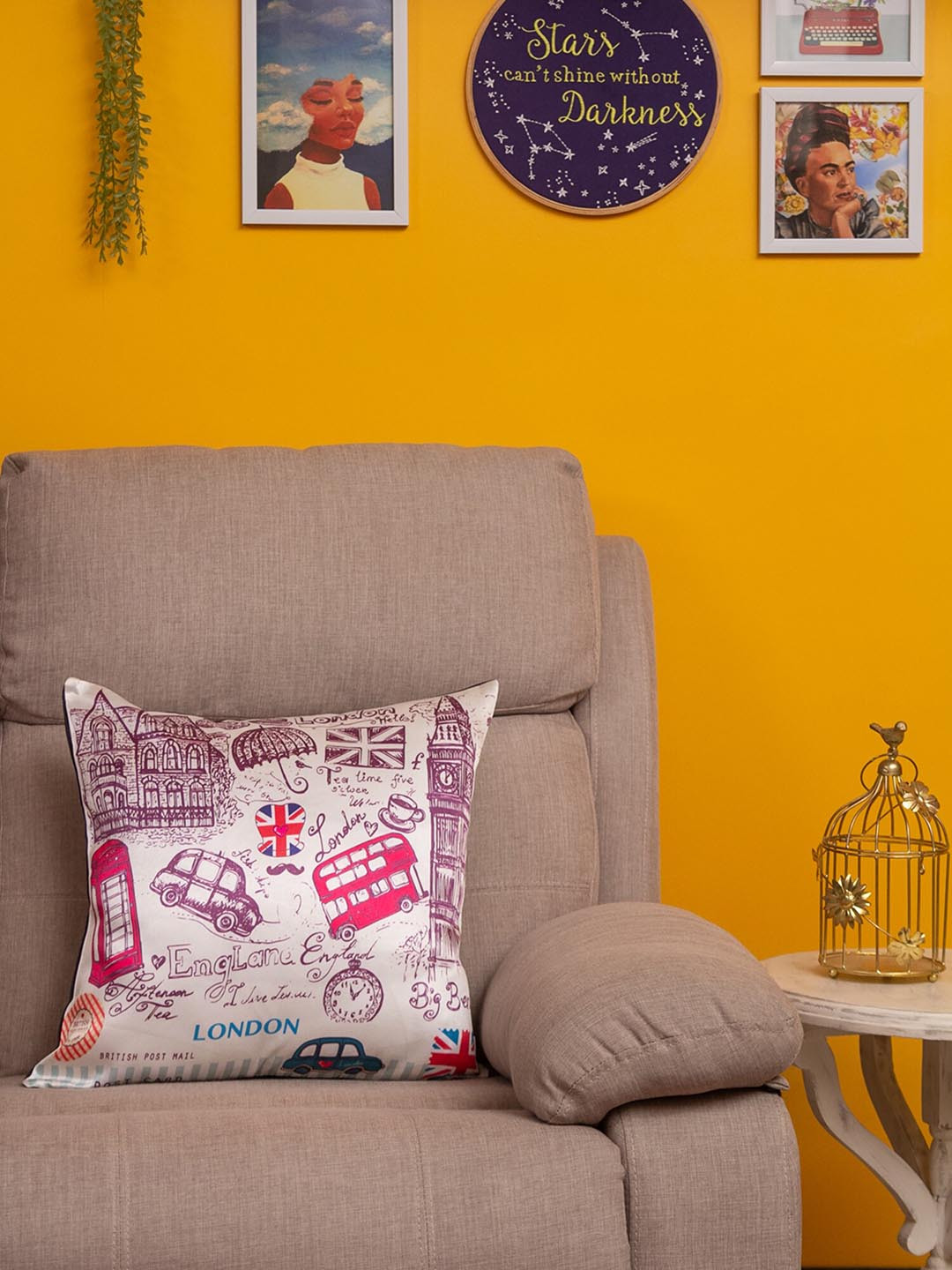 BandBox London Beige Typography Polyester Silk Washable Square Cushion Cover -16x16In