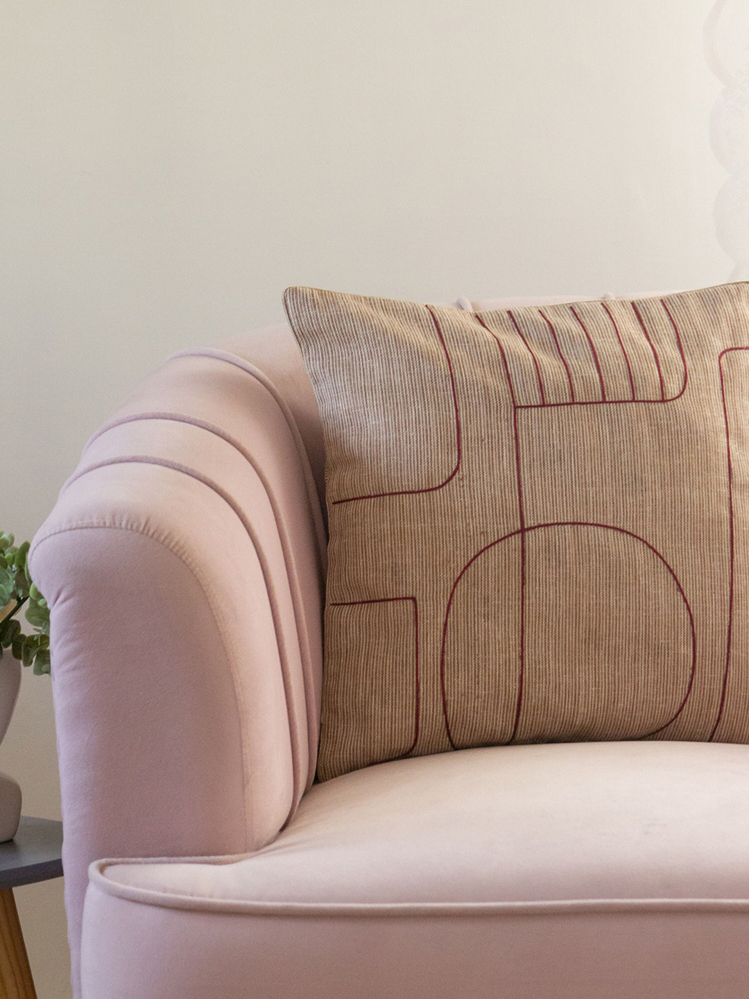 BandBox Brown Lines Embroidered Cotton Square Cushion Cover