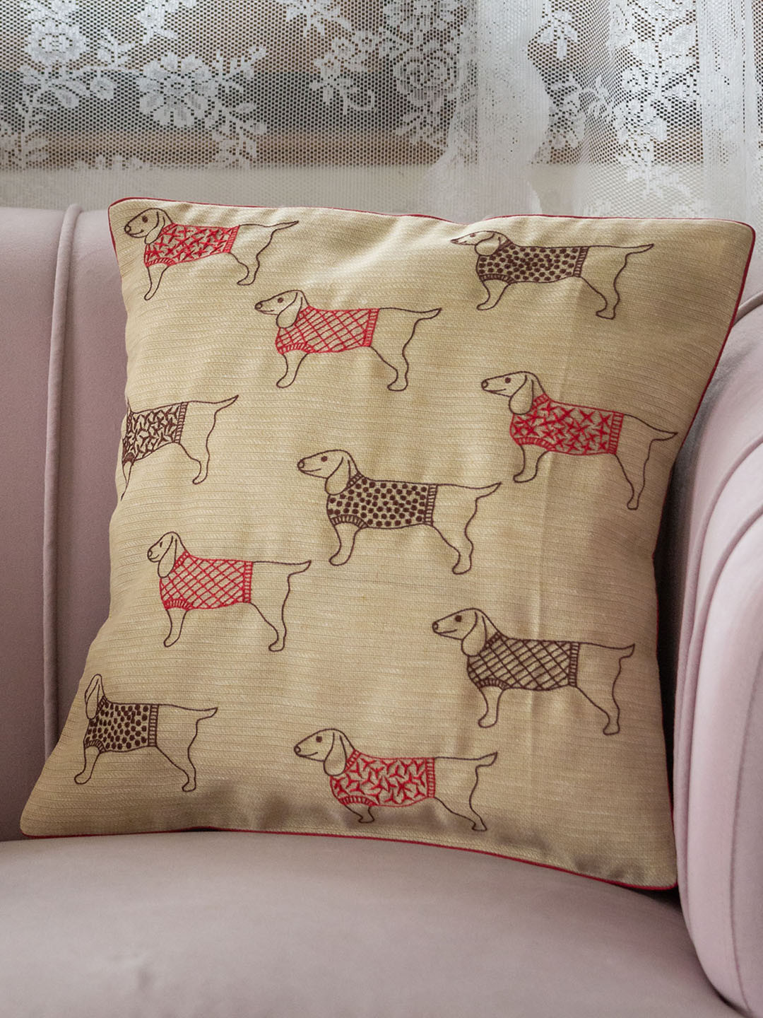 BandBox Beige & Red Dogs Embroidered Cotton Square Cushion Cover