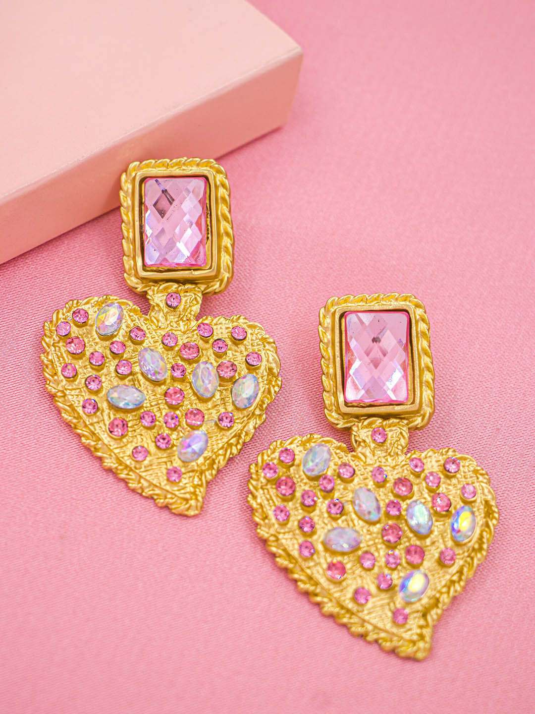 Bellofox Gold-Toned & Pink Gold-Plated Heart Shapped Drop Earrings