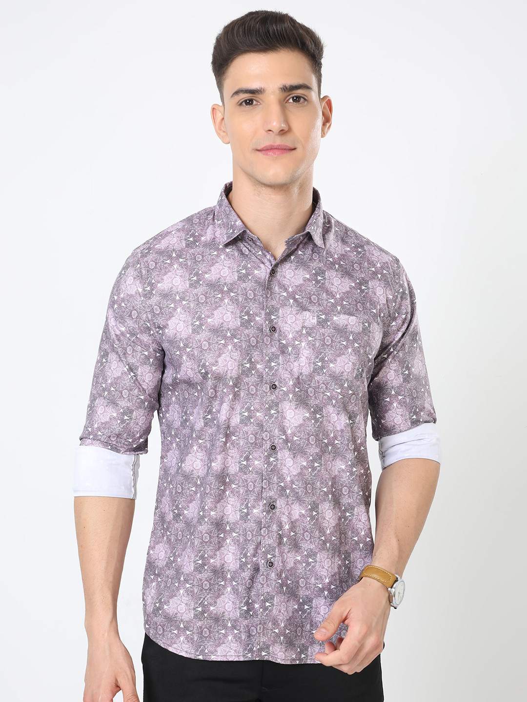 URBARO Men Pink Smart Slim Fit Floral Printed Long Sleeve Pocket Casual Shirt