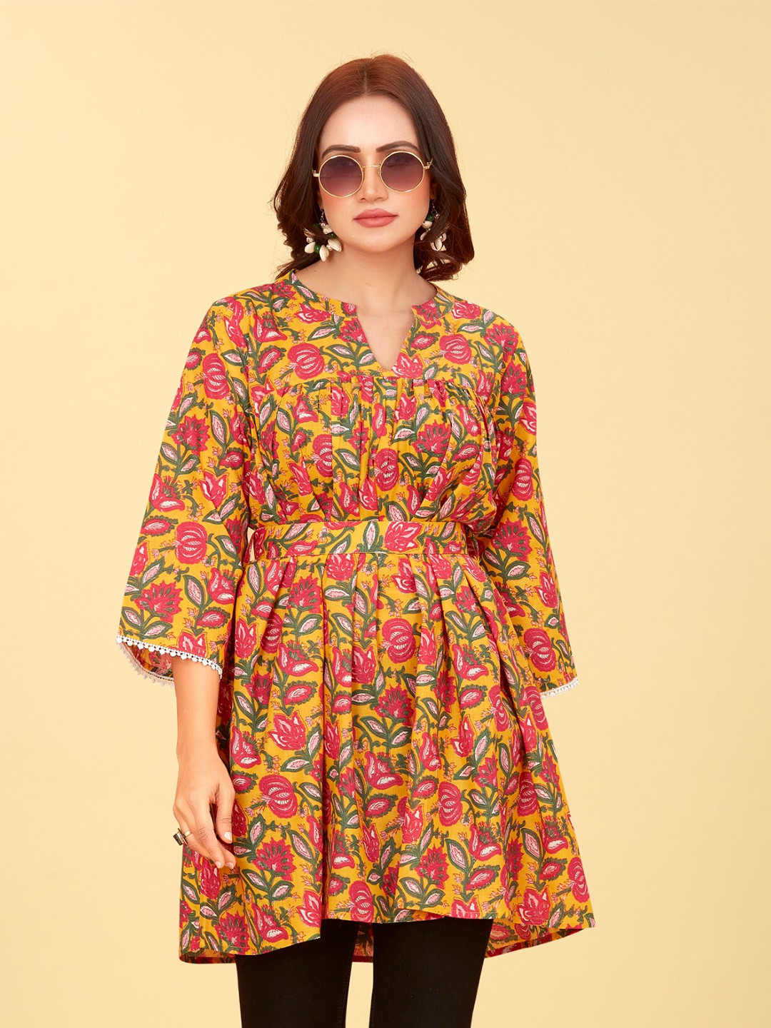 CHANSI Floral Printed Mandarin Collar Flared Kurti