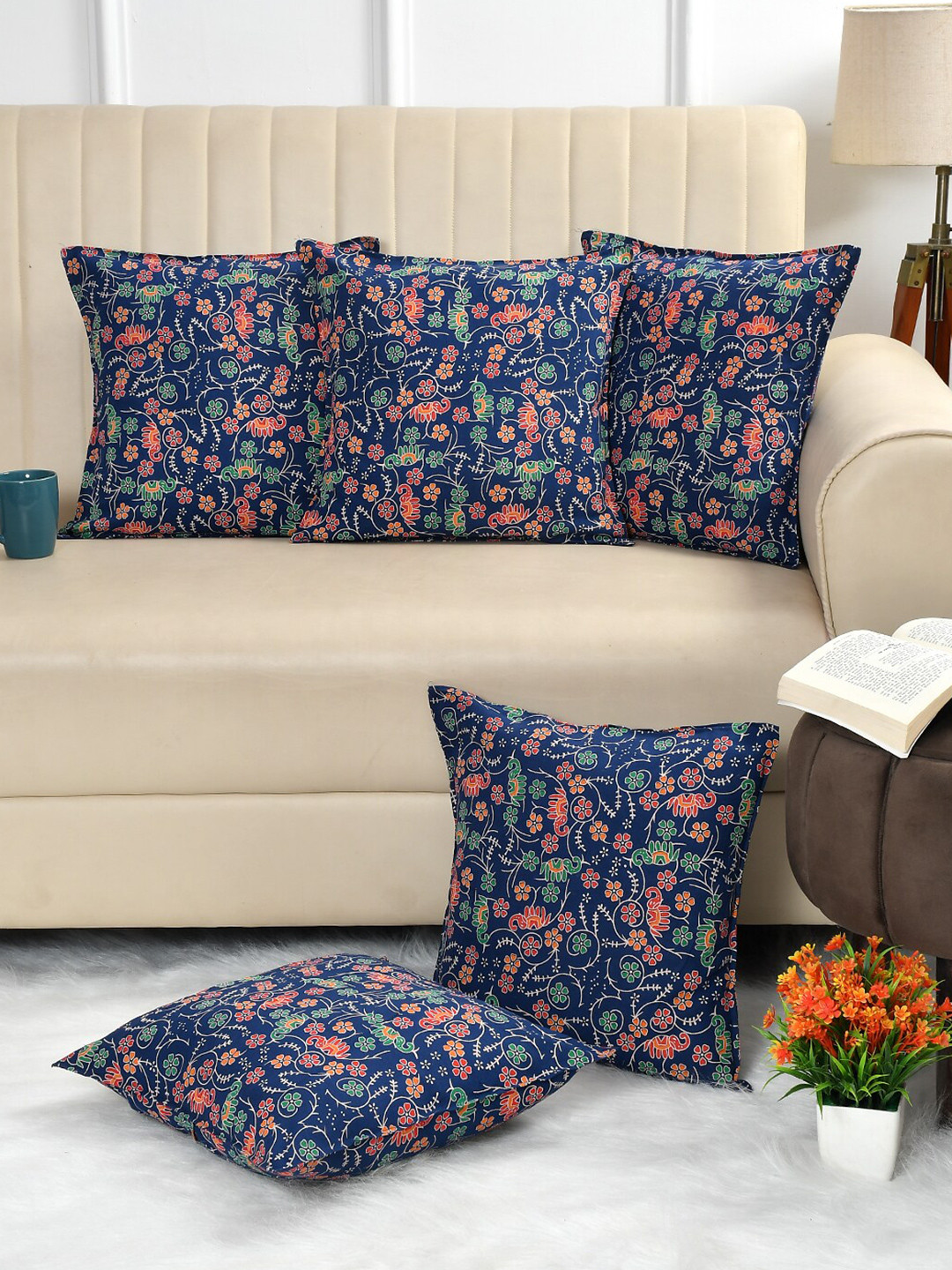 CLIO'S HERITAGE STORE Navy Blue Floral Cotton 5 Piece Square Cushion Covers -12x18In
