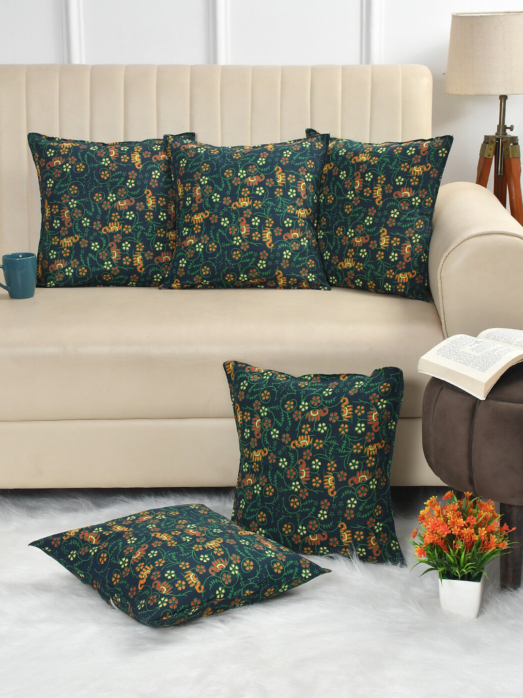 CLIO'S HERITAGE STORE Green Floral Cotton Handcrafted 5 Pcs Square Cushion Covers -16x16In