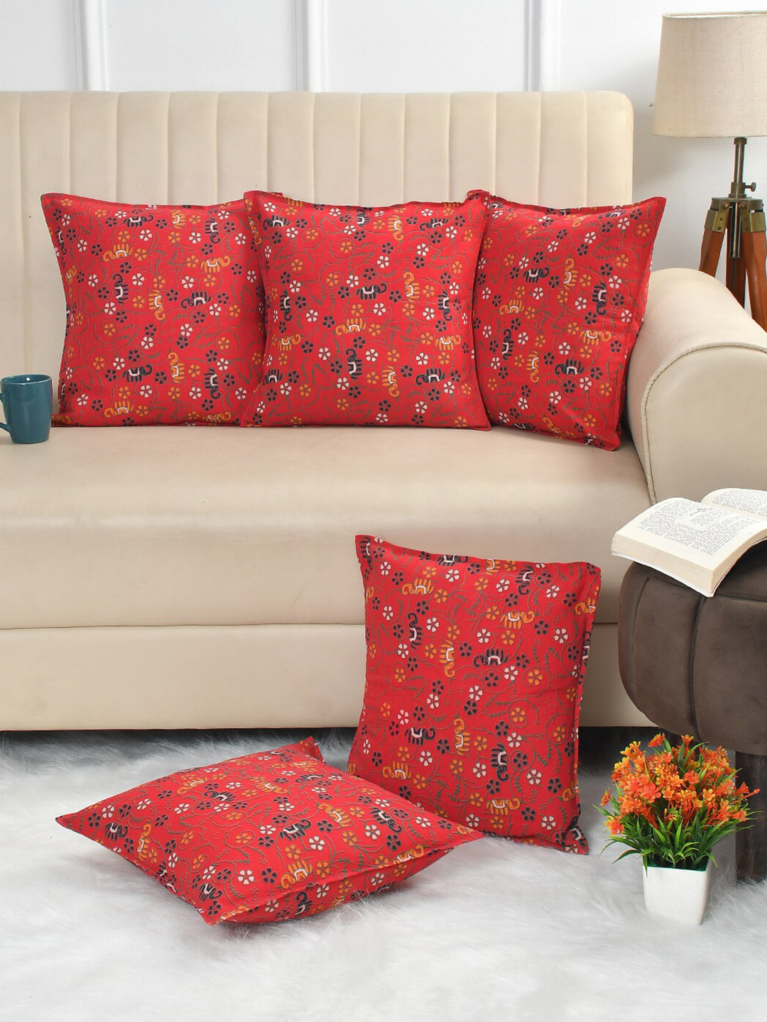 CLIO'S HERITAGE STORE Red 5 Pieces Floral Printed Pure Cotton Square Cushion Covers