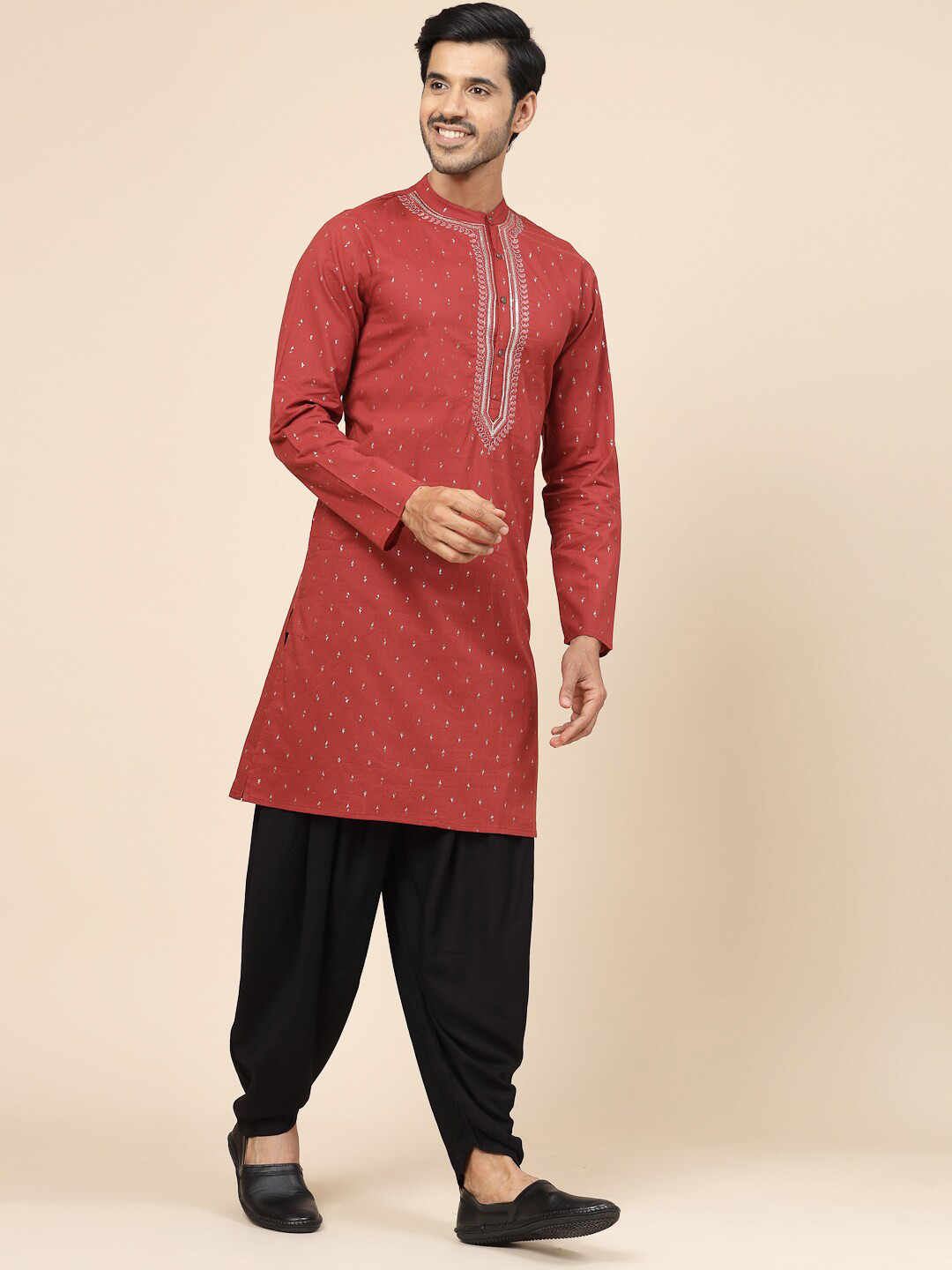 Ramas Paisley Embroidered Band Collar Cotton Straight Kurta