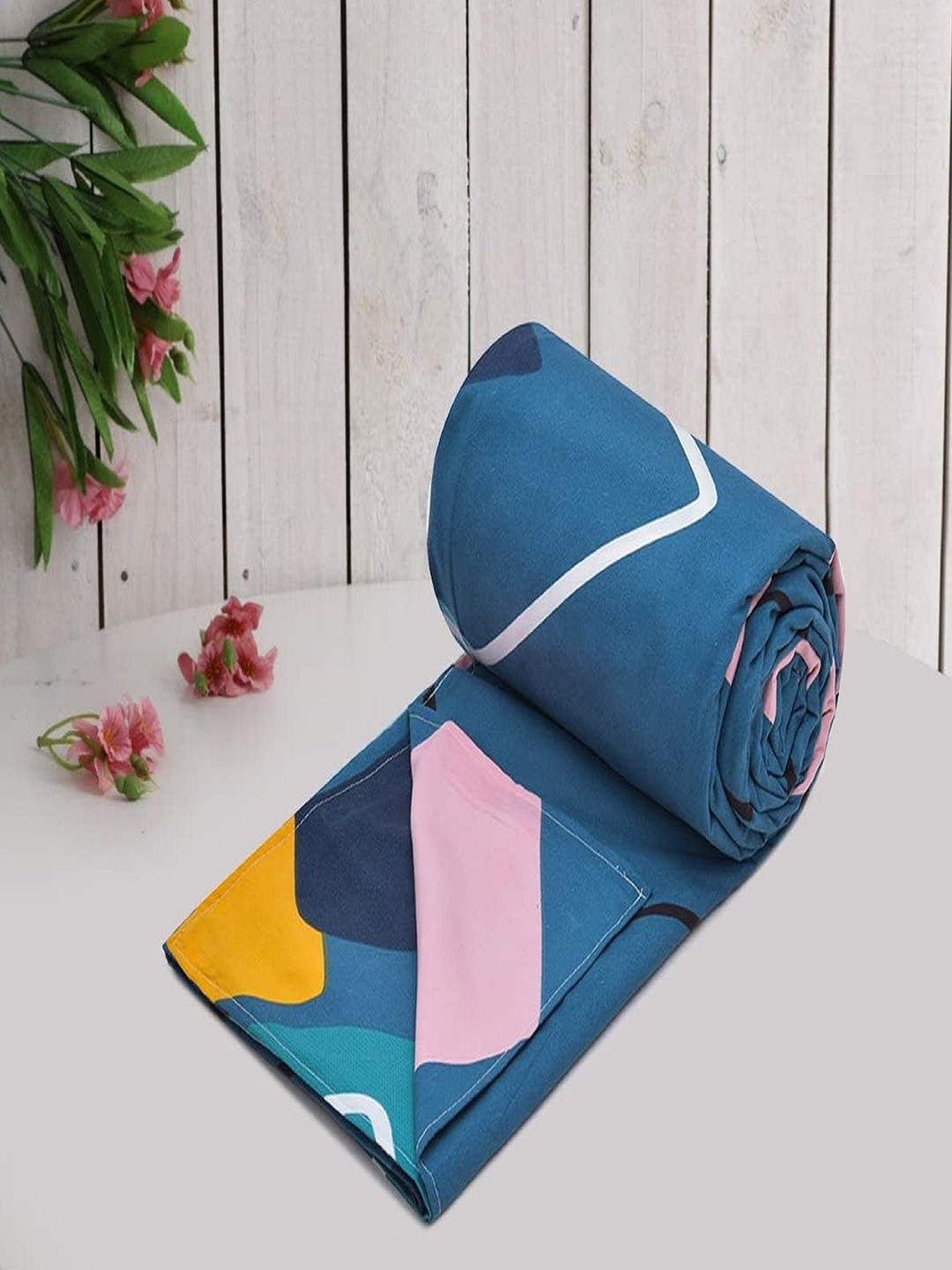 RRC Teal Green & Pink Microfiber Cotton Geometric Printed Double Queen Duvet Cover