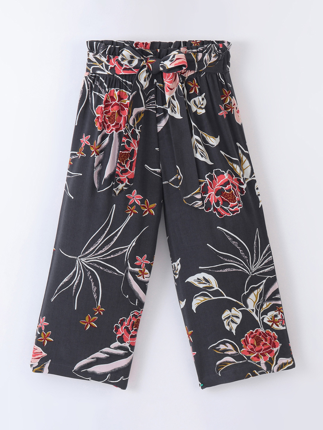 CrayonFlakes Girls Grey Floral Printed Straight Palazzos