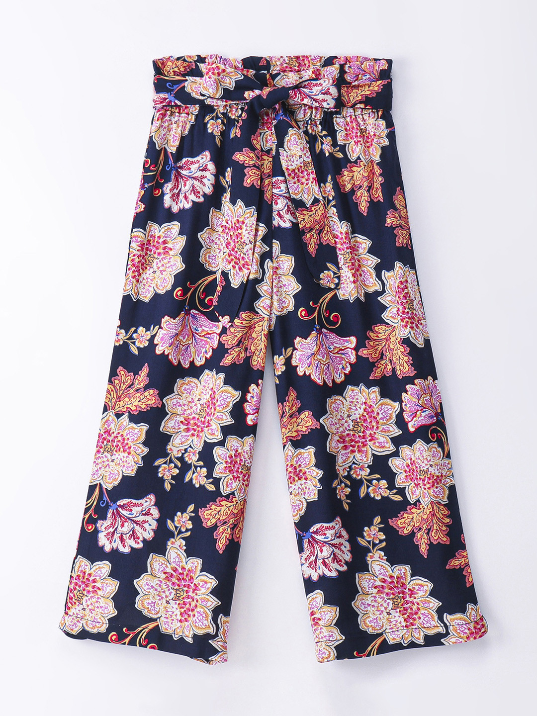 CrayonFlakes Girls Navy Blue Floral Printed Straight Palazzos