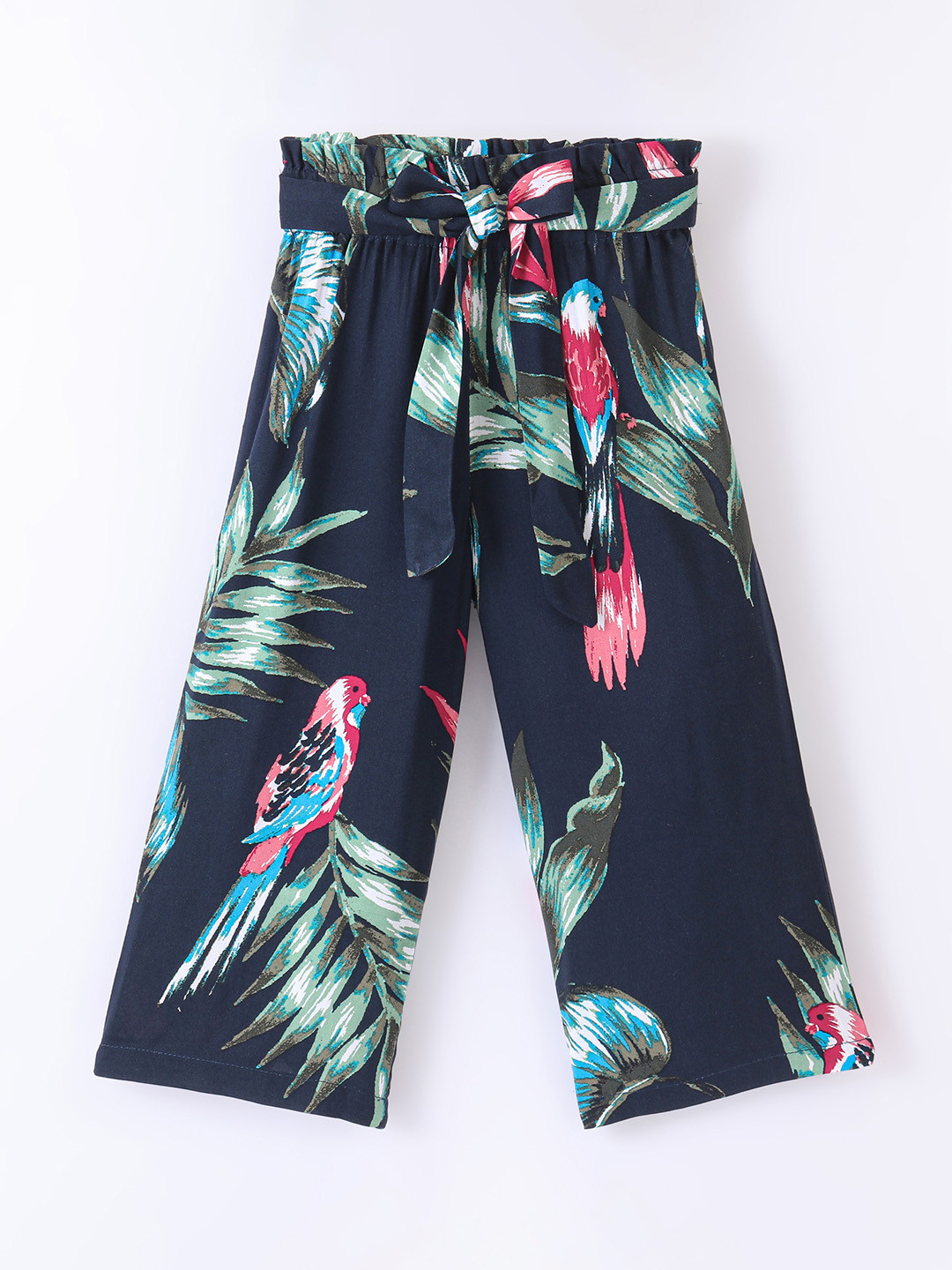CrayonFlakes Girls Navy Blue Floral Printed Palazzos