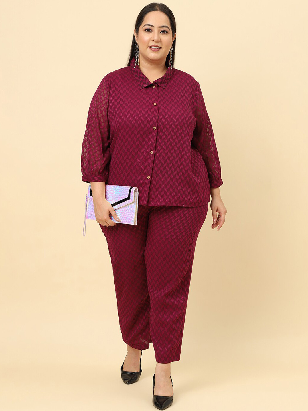 Sringam Plus Size Self Design Shirt with Trousers