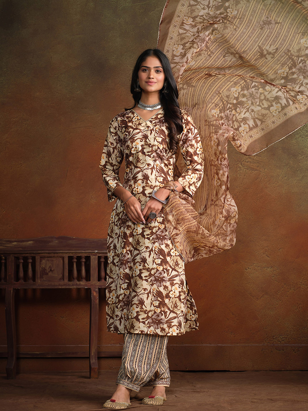 Sangria Brown & Beige Floral Printed Kurta & Trouser With Dupatta